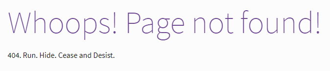 screenshot of a fancy 404 page that says 'whoops, page not found!'